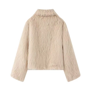 Back view of a cropped beige faux fur jacket with long sleeves and a plush texture