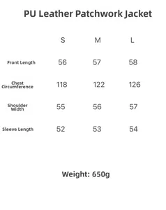 Detailed size chart for women's PU patchwork jacket including S, M, L dimensions and weight
