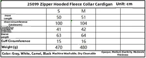 Size chart table for hooded zip-up knit cardigan with faux fur collar and measurements