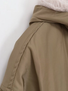 Detail of khaki jacket showing high-quality twill fabric and soft faux fur collar trim