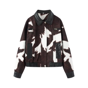 Women Cow Print Patchwork Synthetic Leather Jacket Vintage Streetwear Turn Down Collar Long Sleeve Zip Up Outerwear