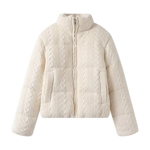 Damen Baumwolljacke in Cremeweiß mit Strickstruktur, Stehkragen und Reißverschluss