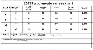 Detailed size guide for women's tweed jacket with measurements for XS to L sizes