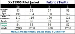 Size chart for women's long sleeve bomber jacket showing measurements for XS to L sizes