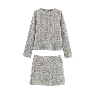 Haut À Manches Longues À Paillettes Pour Femme Et Bottom Jupe Assortie Pour L'Automne Hiver Streetwear Fête Vêtements En Polyester Scintillants