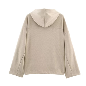 Back view of khaki oversized hooded sweatshirt featuring dropped shoulders and soft knit texture