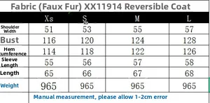 Detailed size guide for reversible faux shearling jacket showing chest and length specs