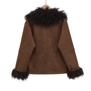 Detailed back view of a brown suede jacket featuring black faux fur collar and sleeve trim