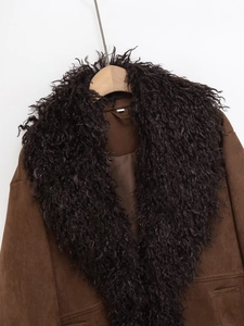 Detailed view of the faux fur collar and suede texture on this brown winter jacket