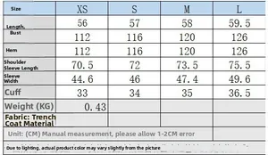 Detailed size chart table for women's double-breasted short trench coat with measurements