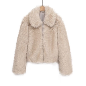 Women Faux Fur Jacket Thick Warm Autumn Winter Lapel Long Sleeve Zip Up Cropped Coat Solid Color Khaki Outwear