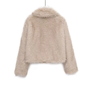 Back view of beige faux fur jacket with soft long pile texture and minimalist lapel collar