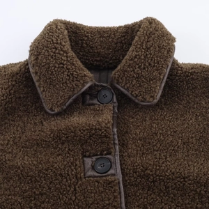 Macro shot of faux shearling jacket collar with brown leather trim and button detail