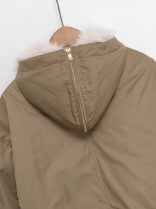Detailed back view of khaki hooded parka jacket with faux fur trim and center zipper
