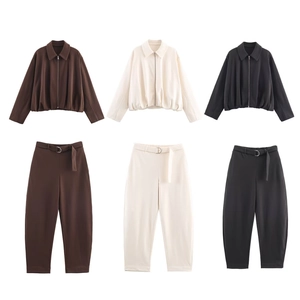 Women Polyester Satin Casual Loose Jacket Top And High Waist Wide Leg Pants Autumn Fashion Solid Color Streetwear Suit