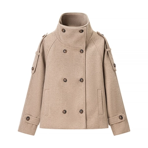 Women Double Breasted Stand Collar Woolen Style Outerwear Fashion Long Sleeve Solid Color Epaulet Pocket Commuter Jacket