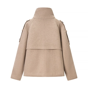 Rear view of khaki short wool coat featuring high collar and classic trench back flap detail