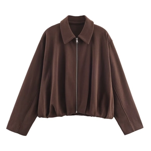 Detail of dark brown zip-up bomber jacket with classic collar and pleated hemline