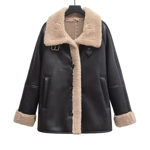Women's Faux PU Leather Shearling Jacket Lapel Long Sleeve Single Breasted Warm Coat With Pockets Loose Biker Outerwear