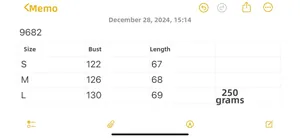 Size chart for 9682 lightweight jacket showing chest and length measurements for S M L