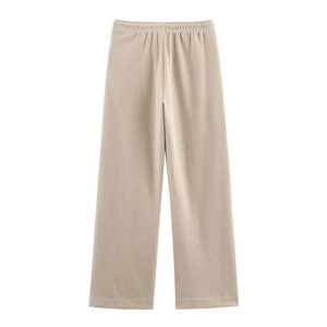 Flat lay of light coffee wide-leg track pants featuring an elastic pleated waistband