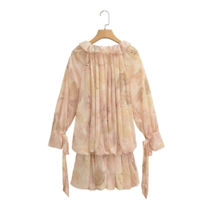 Pink floral chiffon long sleeve dress with ruffle neck and tie cuffs in French style