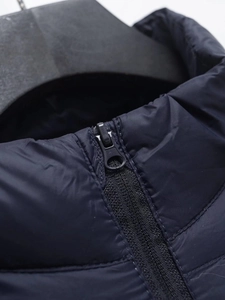 Macro detail of dark blue puffer coat showing stand collar and smooth black zipper