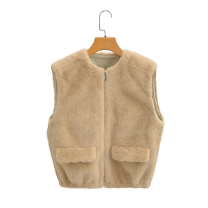 Women Faux Fur Vest Round Neck Zipper Pocket Solid Color Casual Sleeveless Waistcoat Jacket Coat For Autumn Winter