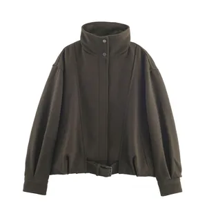Women's Casual Stand Collar Long Sleeve Solid Twill Jacket With Buckle Hem Street Style Outerwear Short Baseball Coat