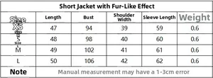 Guide des tailles détaillé pour veste courte en fausse fourrure, mesures du XS au L