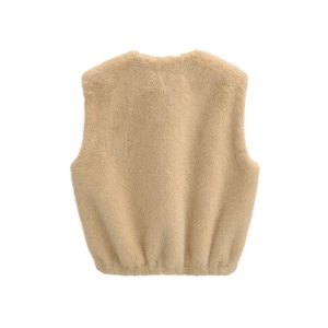 Detailed back view of a plush beige faux fur vest showing soft texture and zipper detail