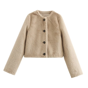 Veste Courte en Fausse Fourrure pour Femme Couleur Unie Col Rond Boutonnage Simple Manches Longues Chaud Hiver