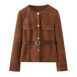 Detail of caramel faux suede jacket showing golden buttons and faux leather belt