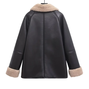 Chic black PU leather shearling jacket with cream faux fur trim and cozy winter lining