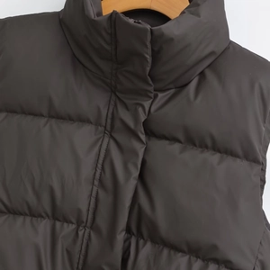Quilted stand collar vest in matte dark coffee fabric with premium insulation