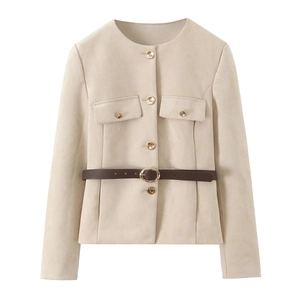 Detail of beige faux suede jacket featuring gold buttons and a brown leather belt
