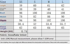 Detailed size chart for women's blazer with measurements in CM for XS to L sizes