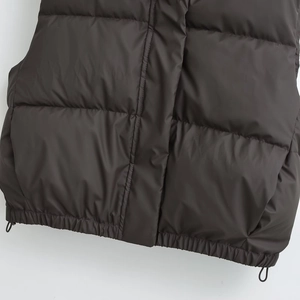 Fashionable dark brown stand collar padded puffer vest with adjustable drawstring hem
