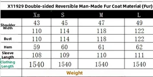 Detailed size chart for the women reversible faux fur long coat with exact measurements