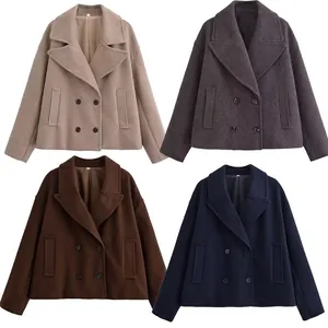 Cappotto di Lana Doppiopetto Casual da Donna Rever Manica Lunga Giacca Corta Autunno Inverno Capispalla Khaki Grigio Marrone Blu