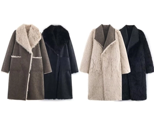 Detail of four long winter coats in faux fur and suede showing textures and colors