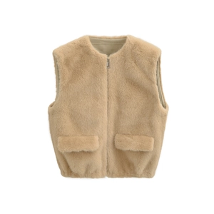 Detail view of khaki faux fur vest featuring silver zipper closure and symmetrical pockets