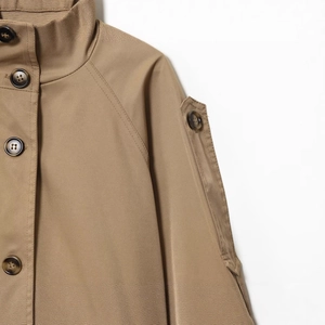 Khaki double-breasted short trench coat with stand collar and waist belt detail