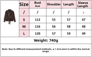 Detailed size chart for women's faux suede lace-up jacket and skirt set with measurements
