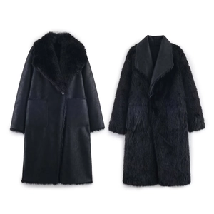 Detail of long black faux fur coat and suede finish reversible jacket textures