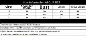 Detailed size chart for beaded knit cardigan including measurements in centimeters