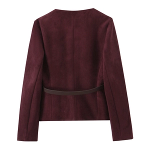 Burgundy faux suede women's jacket back view with stylish brown leather decorative belt