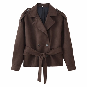 Detail of a dark brown faux suede jacket featuring double-breasted buttons and tied belt