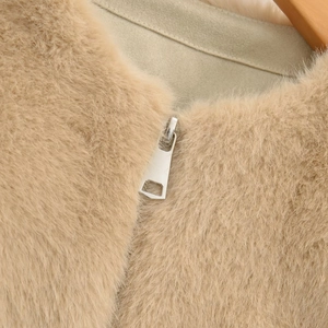 Chic light brown faux fur vest for women featuring a premium silver front zipper