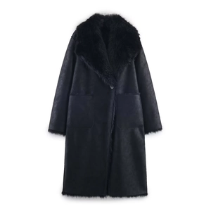 Detail of a long black faux fur coat featuring a large plush collar and big side pockets
